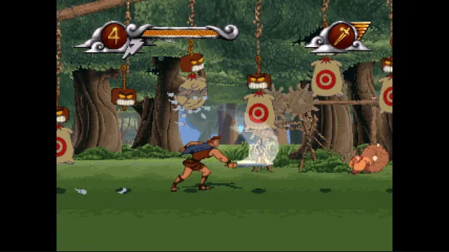 Hercules runs through a forest training course with targets. Original-game reference.