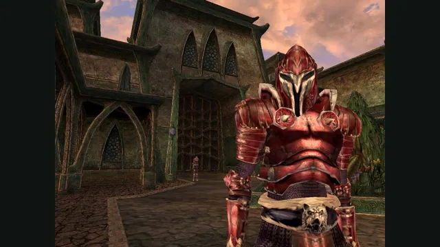 An armored character stands beside stone buildings in Morrowind. Original-game reference.