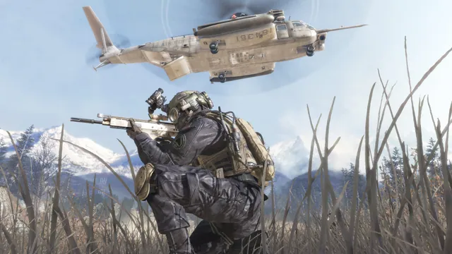 Soldiers advance through tall grass beneath a helicopter in Modern Warfare 2. Original-game reference.