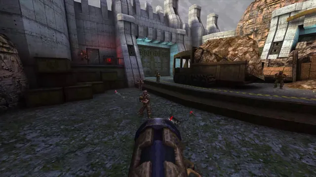 A player aims at an enemy beside stone fortifications in Quake. Original-game reference.