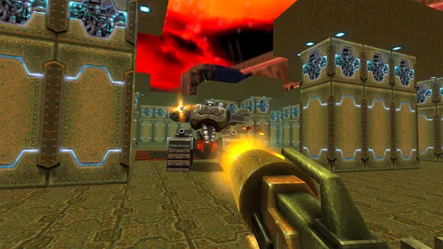 A player fires a weapon in a lava-lit industrial Quake II arena. Original-game reference.