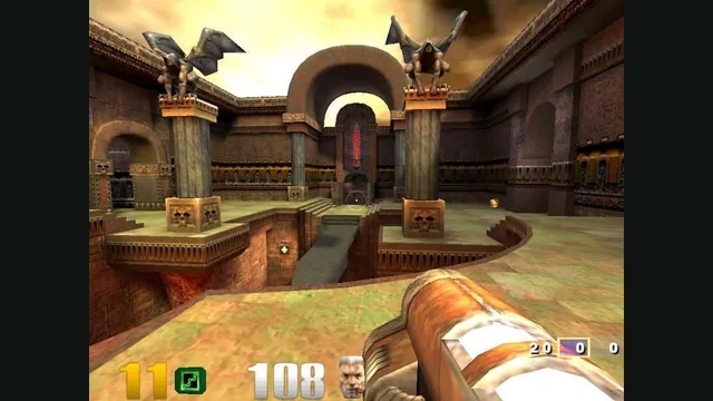 A first-person arena view with health and ammunition counters in Quake III Arena. Original-game reference.