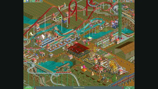 Roller coasters and crowded paths fill a RollerCoaster Tycoon 2 park. Original-game reference.