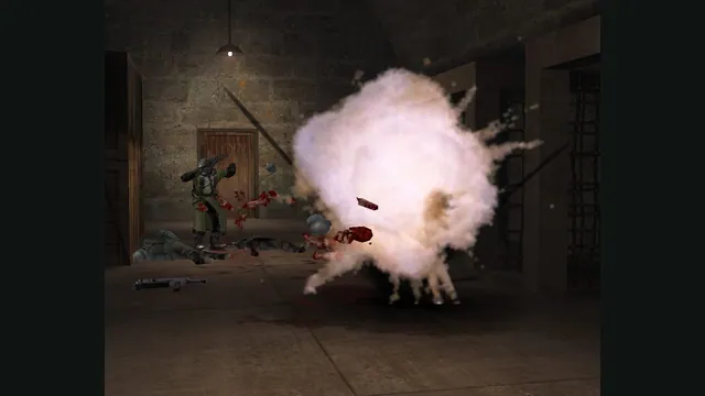 An explosion fills a stone interior in Return to Castle Wolfenstein. Original-game reference.