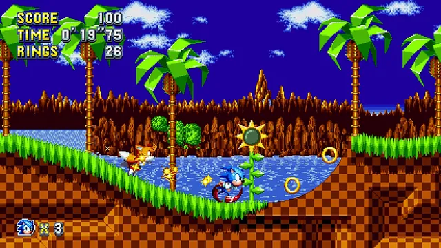 Sonic and Tails race through a bright Green Hill stage in Sonic Mania. Original-game reference.