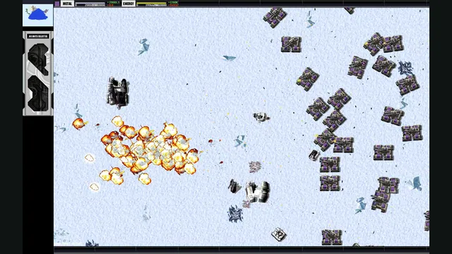 Units exchange fire on a snow-covered Total Annihilation battlefield. Original-game reference.
