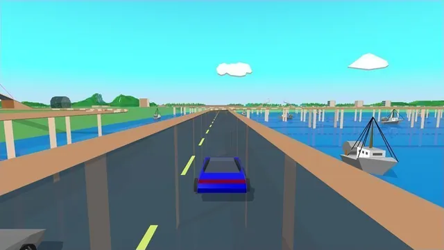 A blue car crosses a bridge above the water in Stunts HD, with distant track ramps visible.