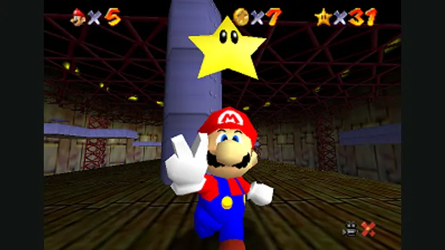 Mario celebrates collecting a Power Star inside a Super Mario 64 level. Original-game reference.
