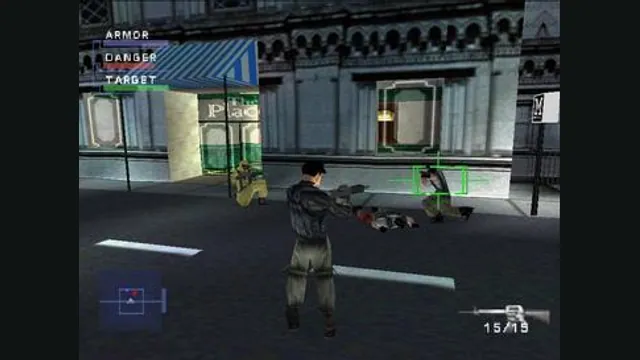 Logan aims at an enemy on a city street in Syphon Filter. Original-game reference.