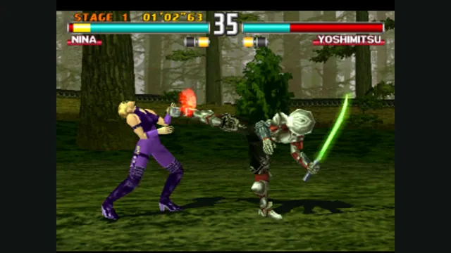 Nina and Yoshimitsu fight in a forest arena with Tekken 3’s round timer and health bars visible. Original-game reference.