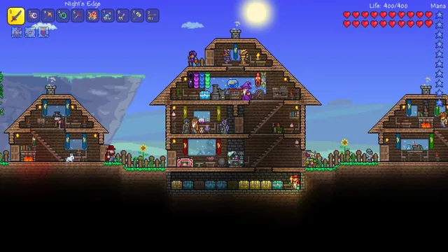 A multi-level wooden town and characters in Terraria. Original-game reference.