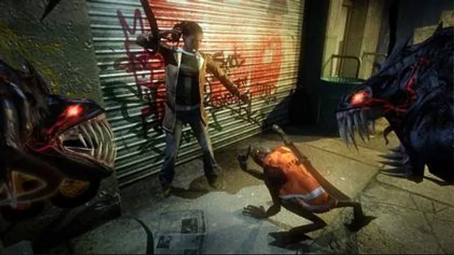 Darkling creatures surround a person on a city sidewalk in The Darkness. Original-game reference.