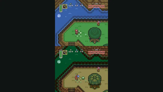 Two stacked views compare the Light World and Dark World in A Link to the Past. Original-game reference.
