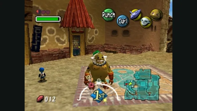 Goron Link stands in Clock Town with the day and time display visible. Original-game reference.