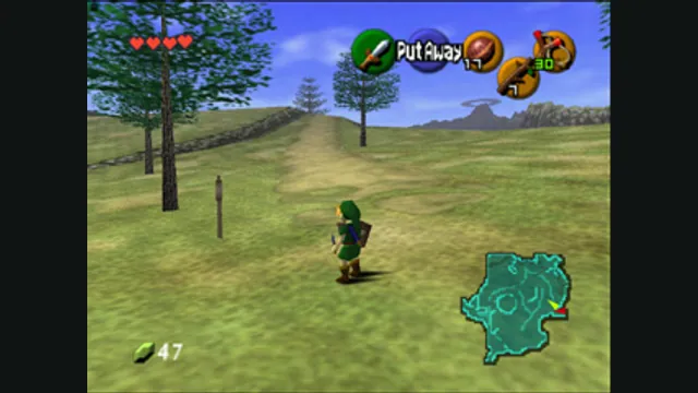 Young Link stands on a grassy field in Ocarina of Time. Original-game reference.