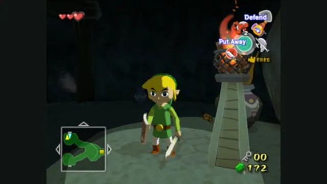 Link stands beside a ladder in the cel-shaded world of The Wind Waker. Original-game reference.