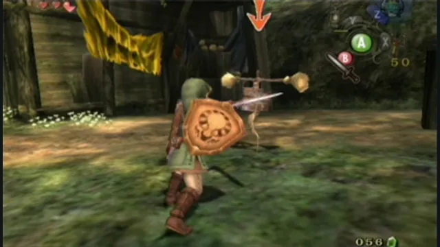 Link blocks and attacks an enemy in a wooded area in Twilight Princess. Original-game reference.