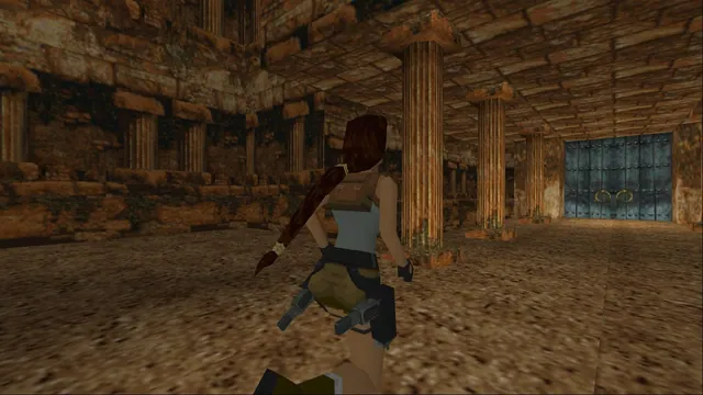 Lara stands inside a stone Tomb Raider chamber rendered by TRX.
