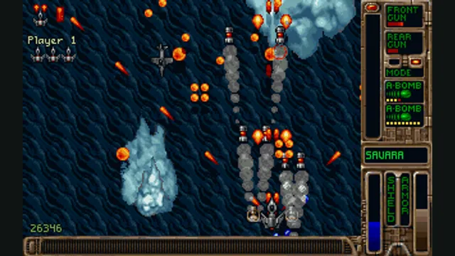 A Tyrian ship dodges enemy shots above rocky terrain beside its instrument panel. Original-game reference.
