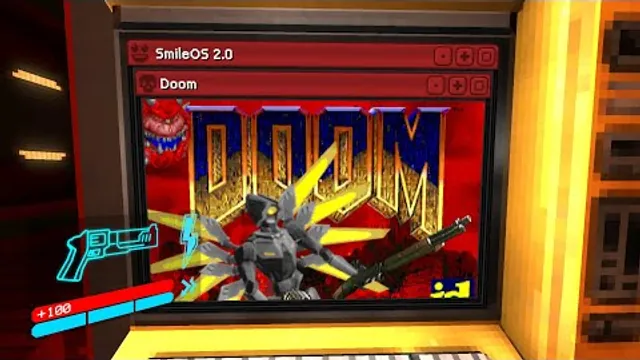 The DOOM title screen appears in a red terminal window inside ULTRAKILL.