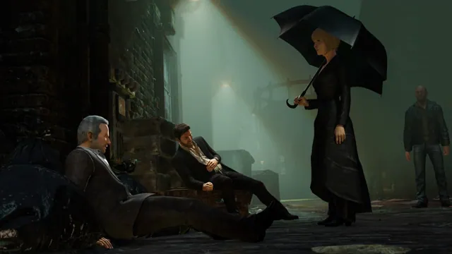 Characters in a rainy alley, including a woman holding an umbrella, in the Nathan Drake Collection.
