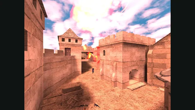 Stone walls and towers border a sunlit Urban Terror map. Original-game reference.