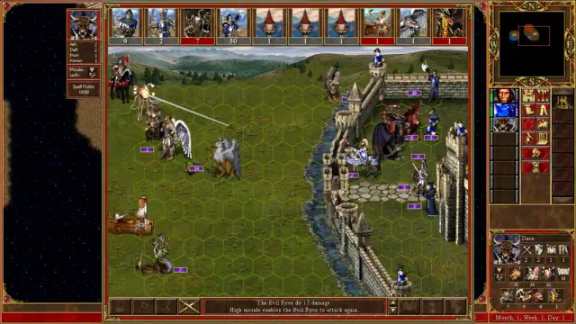 Heroes III armies face each other outside castle walls in VCMI.