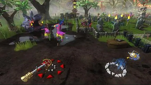 Colorful piñatas and two player cursors appear in a garden in Trouble in Paradise. Original-game reference.