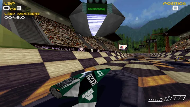 A racing ship approaches a stadium straight in the PhobosLab wipEout Rewrite, with lap and position indicators visible.