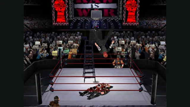 A wrestler leaps from a ladder toward the ring in WWF No Mercy. Original-game reference.