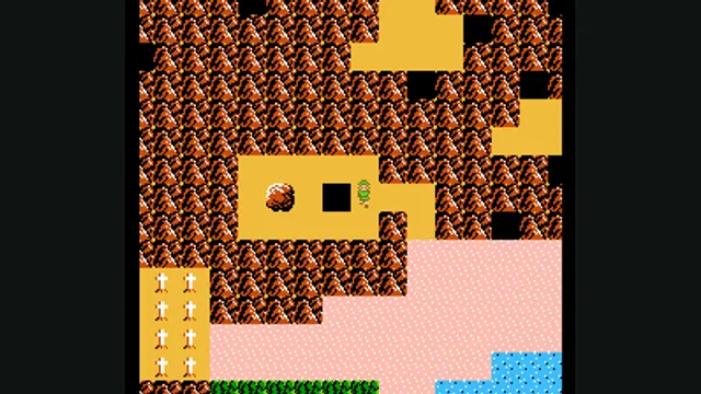 Link explores the overhead Death Mountain map in Zelda II. Original-game reference.