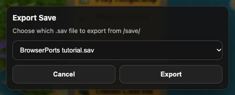 OpenTTD Online’s Export Save chooser with the tutorial save selected and an Export button.