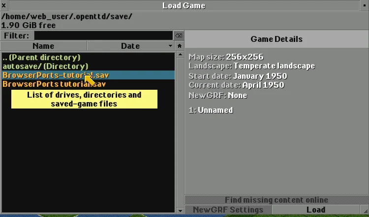 OpenTTD’s Load Game dialog lists the imported tutorial save and shows its game details.