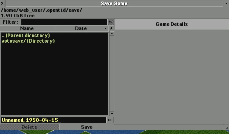 OpenTTD’s Save Game dialog with a filename field and the Save button.